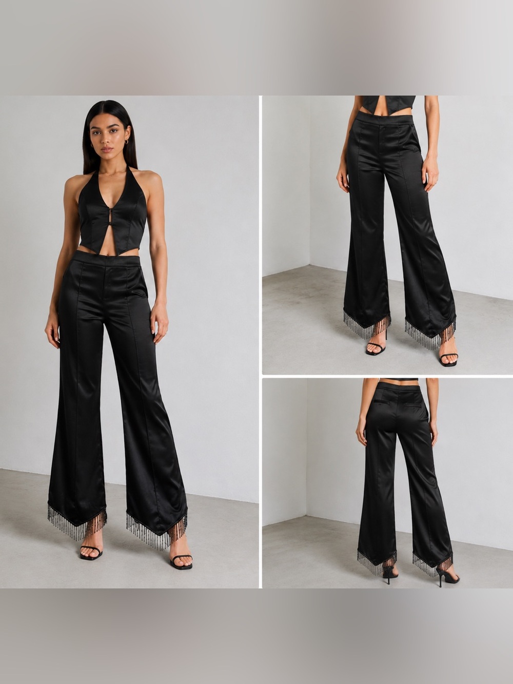 NWT Manière De Voir Black Satin Beaded Fringe Hem Pants Size 10
